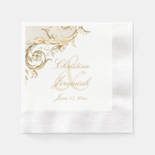 Vintage Gold Floral Damask Script White Wedding Napkin