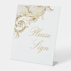 Vintage Gold Floral Damask Wedding Guestbook Pedestal Sign
