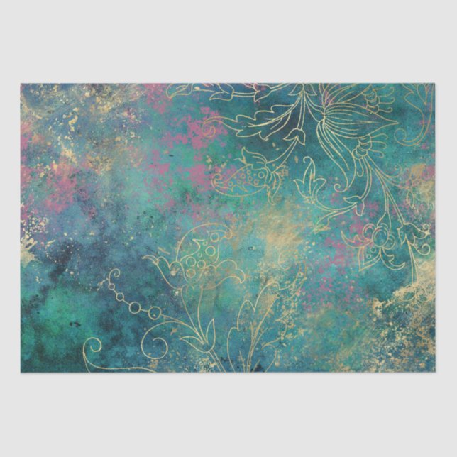 Vintage Gold Floral Grunge Damask Tissue Paper (Front)