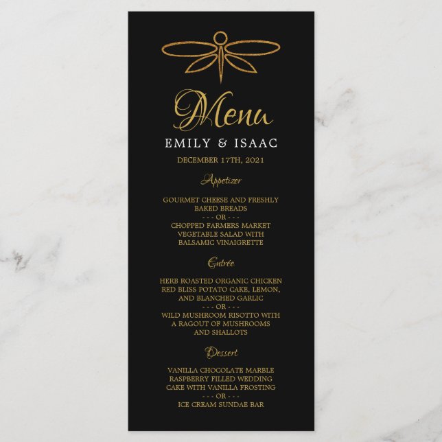 Vintage Gold Foil Dragonfly Mariage Menu (Devant)
