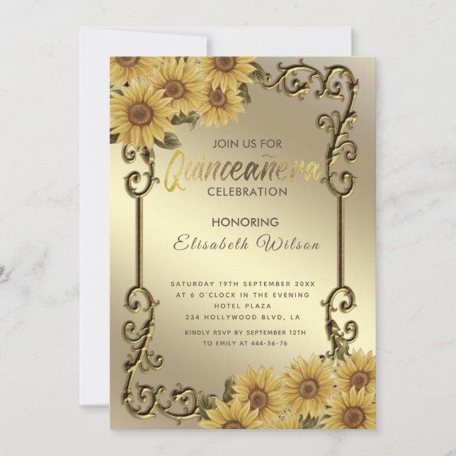 Vintage gold frame sunflower Quinceañera  Invitation (Front)