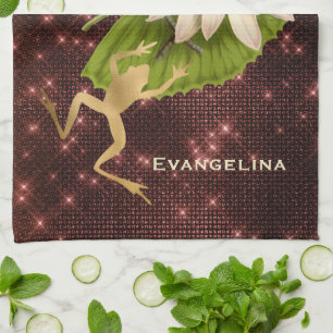 Vintage Gold Frog Lily Pad Floral  Kitchen Towel