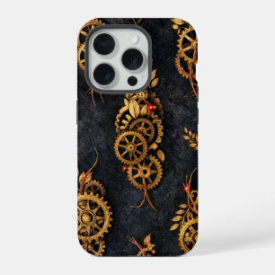 Vintage Gold Gears & Red Neon Mythic Cyberpunk iPhone 15 Pro Case