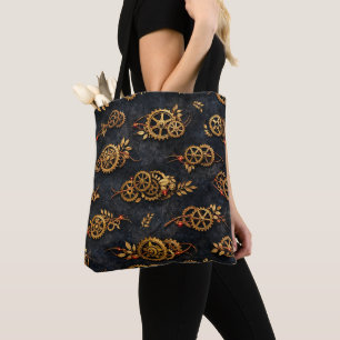 Vintage Gold Gears & Red Neon Mythic Cyberpunk  Tote Bag