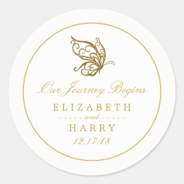 Vintage Gold Glitter Butterfly Wedding Classic Round Sticker (Front)