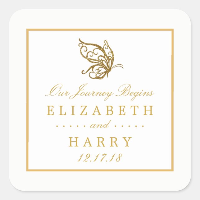 Vintage Gold Glitter Butterfly Wedding Square Sticker (Front)