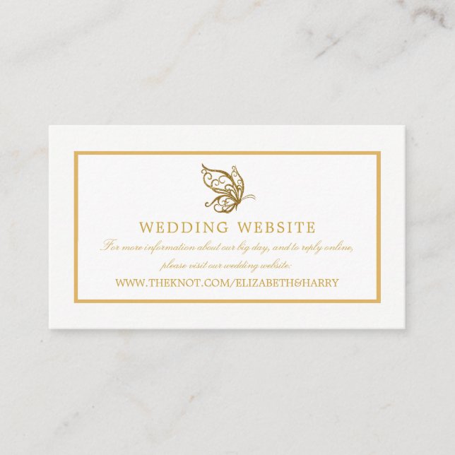 Vintage Gold Glitter Butterfly Wedding Website Enclosure Card (Front)