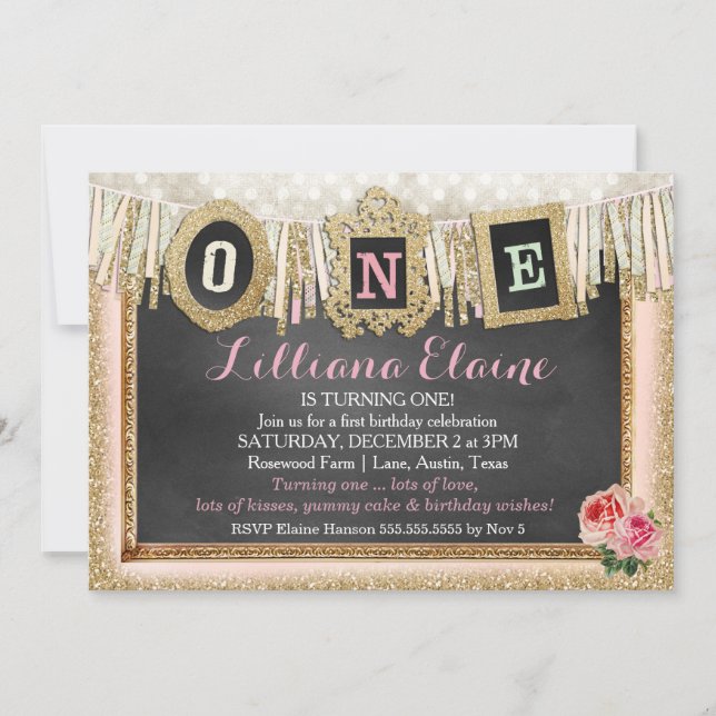 Vintage Gold Glitter First Birthday Banner Invitation (Front)