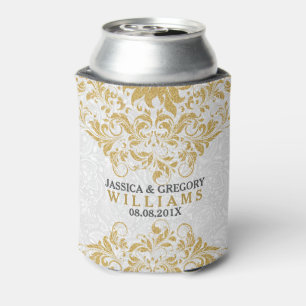 Vintage Gold Glitter Lace On Plush White Damasks Can Cooler