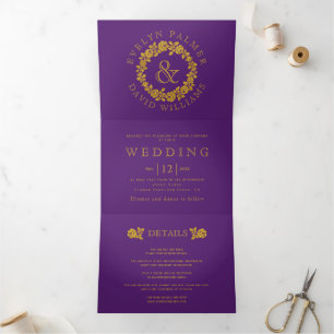 Vintage gold glitter rose wreath purple wedding Tri-Fold invitation