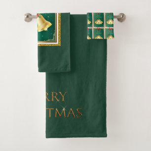 Vintage Gold Gold Bells with Green Christmas Bath Towel Set