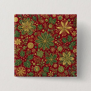 Vintage Gold Green Holly Christmas Botanical 2 Inch Square Button