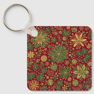Vintage Gold Green Holly Christmas Botanical Keychain