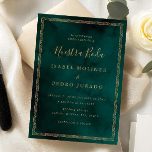 Vintage Gold Green Ornament Nuestra Boda Wedding Invitation