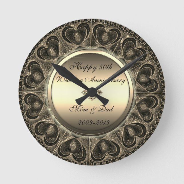 Vintage  Gold Hearts 50th Wedding Anniversary Round Clock (Front)