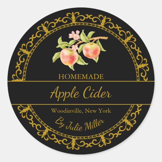 Vintage Gold Homemade Apple Cider Label | Black (Front)