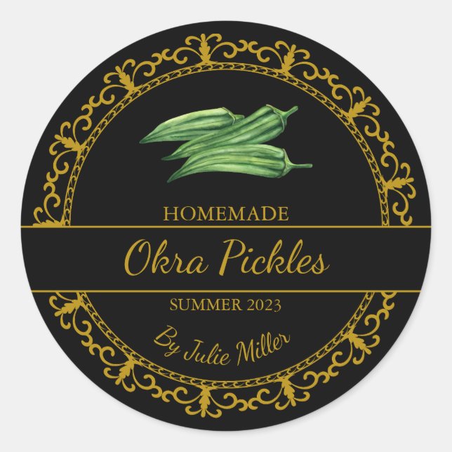 Vintage Gold Homemade Okra Pickles Label | Black (Front)