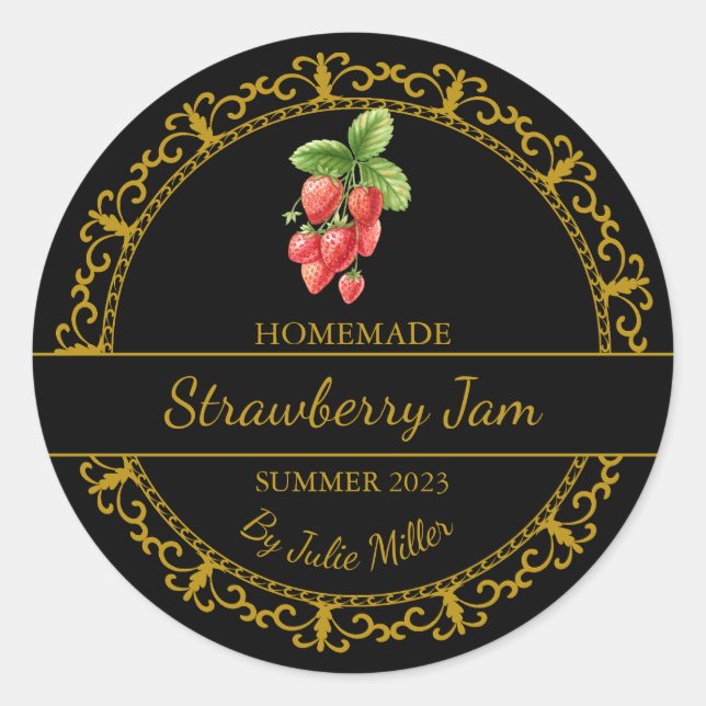 Vintage Gold Homemade Strawberry Jam Label | Black (Front)