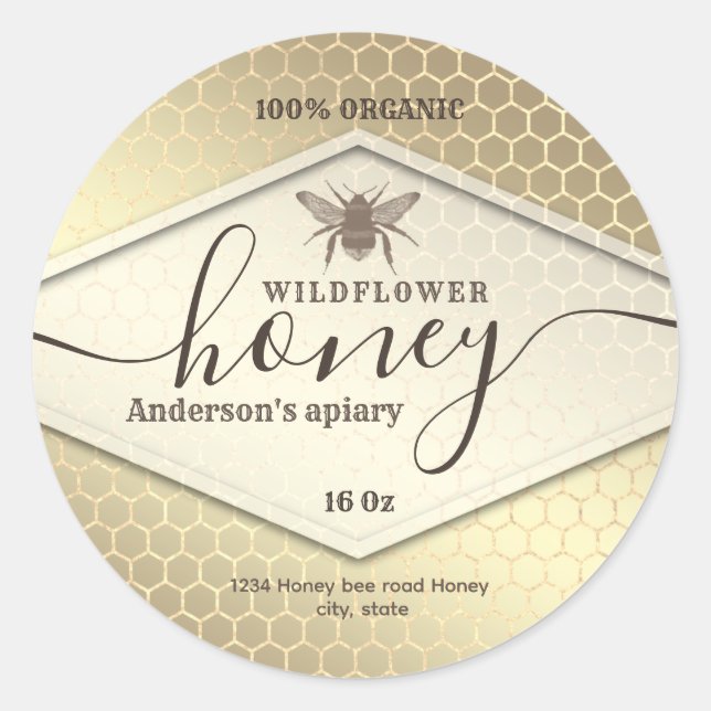 Vintage  gold honey comb bee honey jar label (Front)
