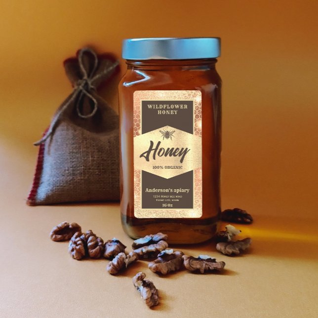 Vintage  gold honeybee  script honey jar label (Creator Uploaded)