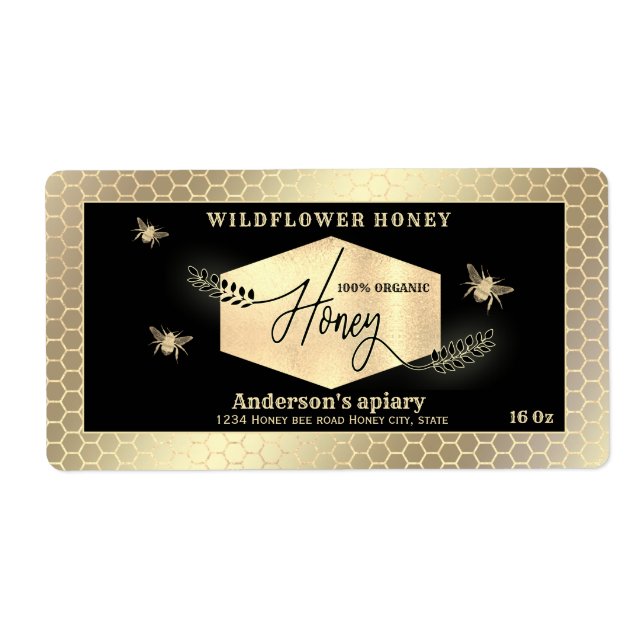 Vintage  gold honeybee  script honey jar label (Front)