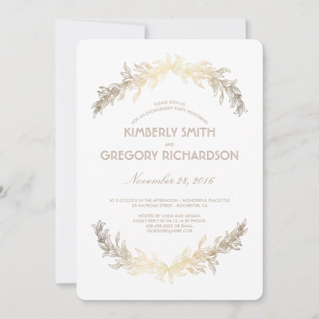 Vintage Gold Laurel Wreath Engagement Party Invitation (Front)