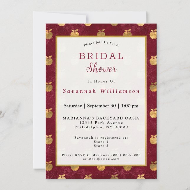 Vintage Gold Maroon Apples Bridal Shower Invitation (Front)