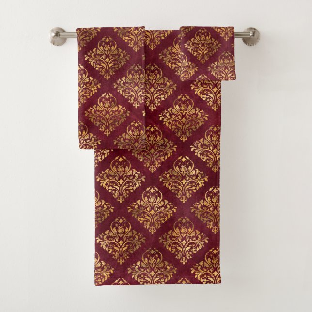 Vintage Gold Maroon Damask Pattern Bath Towel Set (Insitu)