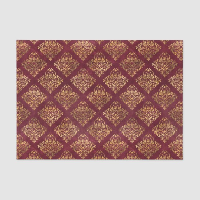 Vintage Gold Maroon Damask Pattern Tissue Paper (Front)