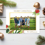 Vintage Gold Merry Christmas Botanicals Photo Holiday Card<br><div class="desc">Spread some Christmas cheer with this beautiful photo card. Colourful poinsettias, pine boughs, pine cones and a faux gold border frame your photo on the front side. On the backside, add another photo and your own holiday message, names and year. Sophisticated yet festive and colourful, your Christmas card is sure...</div>