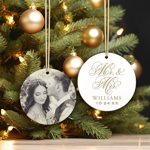 Vintage Gold Mr and Mrs Wedding Monogram Photo Ornament