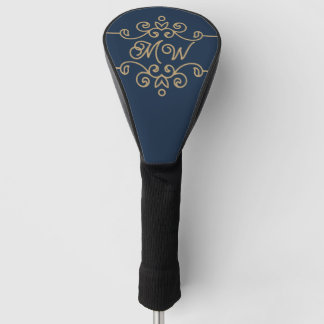Vintage Gold & Navy Blue Elegant Flourish Monogram Golf Head Cover