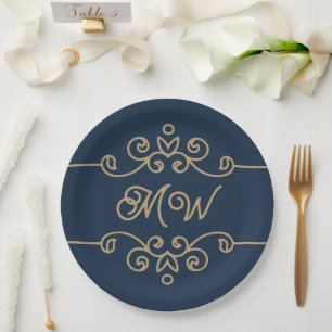 Vintage Gold & Navy Blue Elegant Flourish Monogram Paper Plate