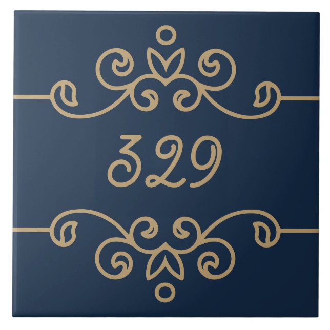 Vintage Gold & Navy Blue Elegant Flourish Monogram Tile (Front)