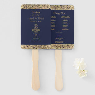 Vintage Gold Navy Blue Wild Roses Elegant Wedding Hand Fan
