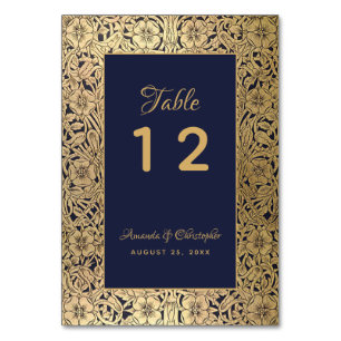 Vintage Gold Navy Blue Wild Roses Elegant Wedding Table Number