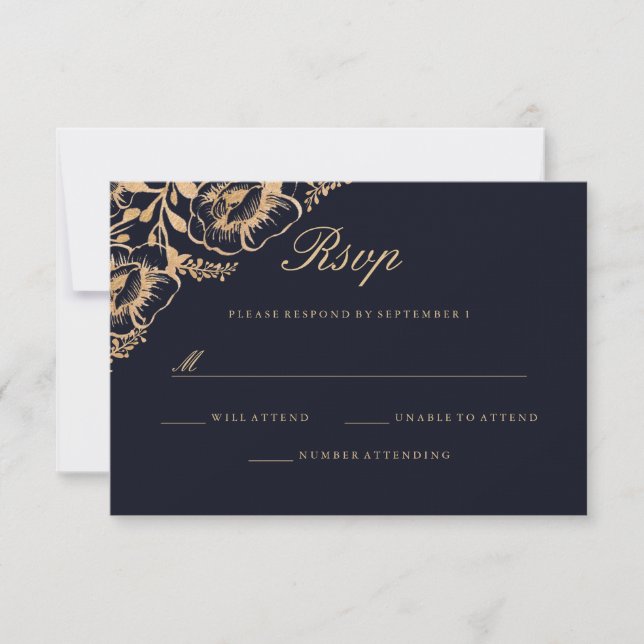 Vintage Gold Navy Floral Wedding RSVP (Front)