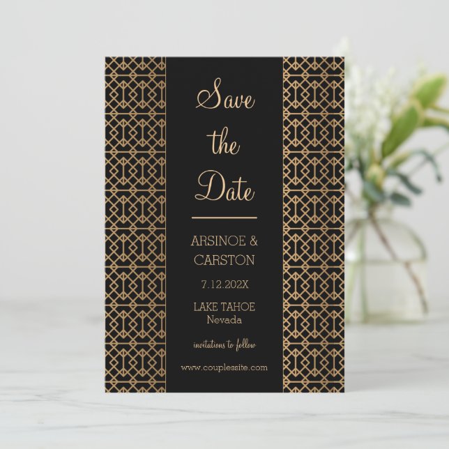 Vintage Gold Pattern Wedding Save The Date (Standing Front)