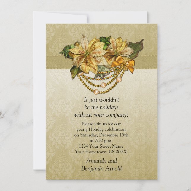 Vintage Gold Poinsettias Holiday Invitation (Front)