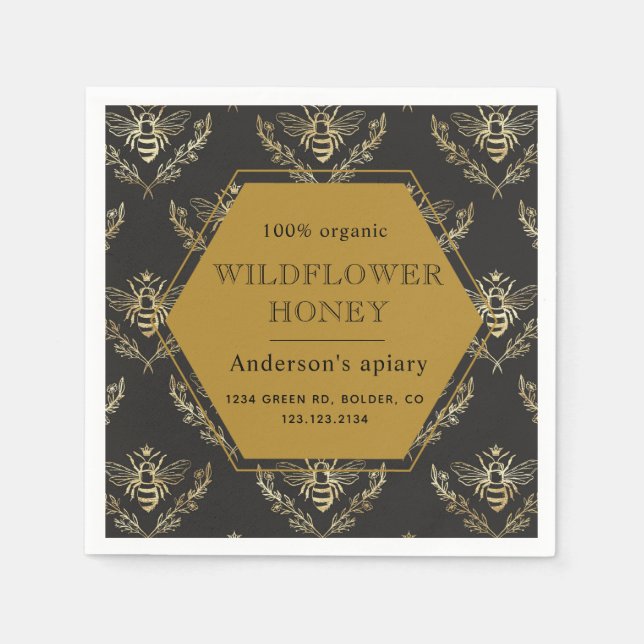vintage gold queen bee apiary honey monogram napkin (Front)