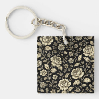 Vintage Gold Rose Floral Pattern on Black Keychain