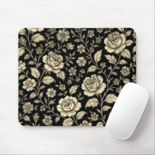 Vintage Gold Rose Floral Pattern on Black Mouse Pad