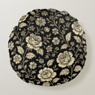 Vintage Gold Rose Floral Pattern on Black Round Pillow