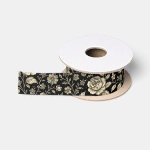 Vintage Gold Rose Floral Pattern on Black Satin Ribbon