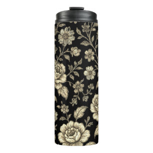 Vintage Gold Rose Floral Pattern on Black Thermal Tumbler