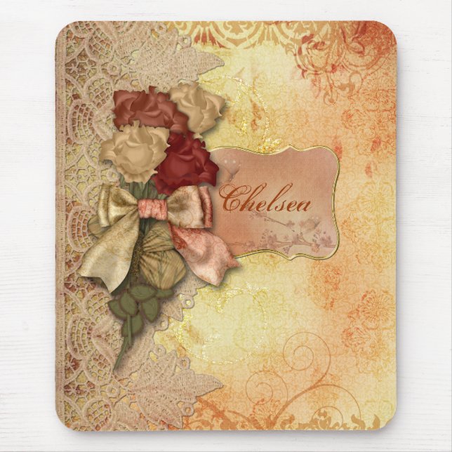 Vintage Gold Roses and Lace Personalized Mousepad (Front)