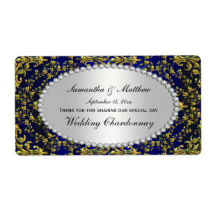 Vintage Gold & Royal Blue Damask Pearl Étiquette d