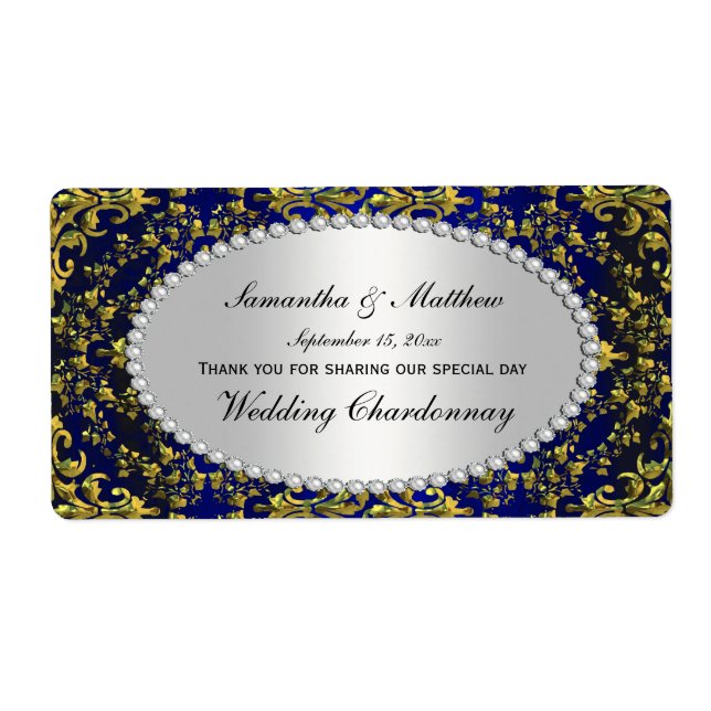 Vintage Gold & Royal Blue Damask Pearl Wine Label (Front)