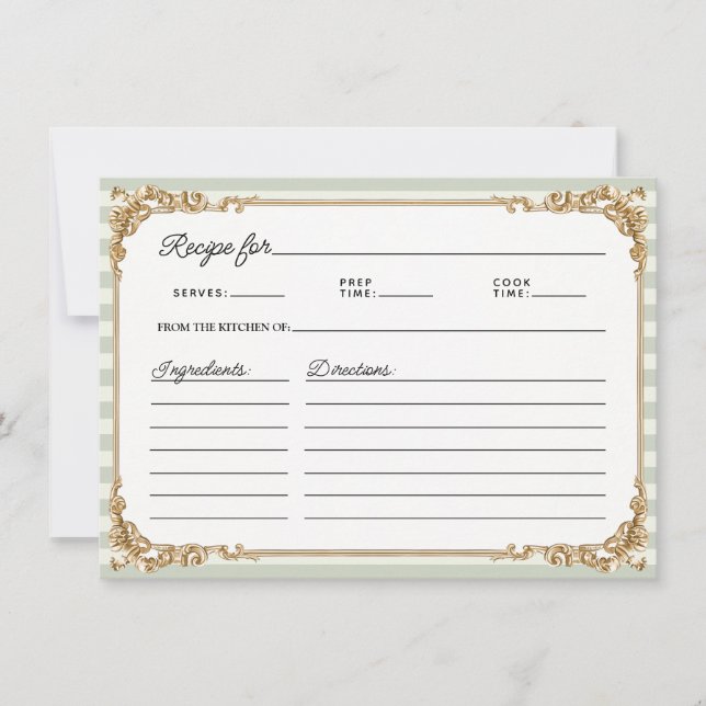 Vintage Gold Sage stripe Bridal Shower Recipe Card (Front)