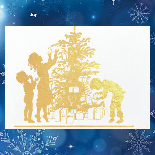Vintage Gold Silhouette Christmas Tree Family Foil Card
